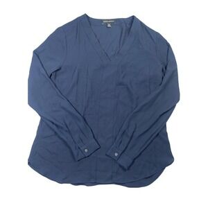 Banana Republic Top Womens XS Navy Blue High Low Piped V-Neck Long Sleeve Preppy